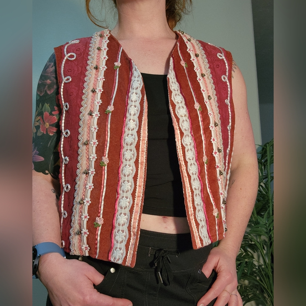 Pink Embroidered Patchwork Reversible Vest - image 1